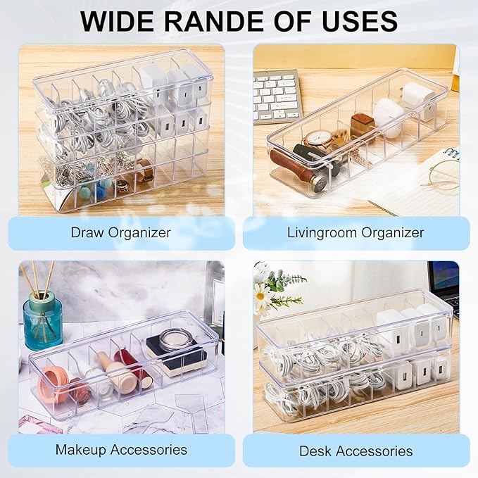 Tatuo 12 Pcs Cable Organizer Box with Wire Ties, Plastic Cord Storage Box with Lid, Electronics Organizer for Home Office Desk Organizers and Accessories (10.79'' X 3.78'' X 1.97'',Clear)