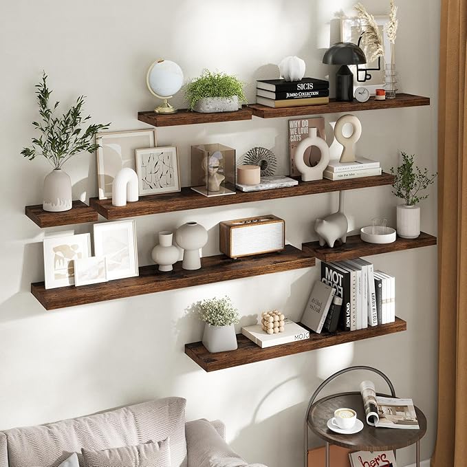 Floating Shelves for Wall with Invisible Brackets, Wall Mounted Engineered Wood Shelves with Wood Grain for Living Room, Bathroom, Kitchen Decor and Storage, Oak, 24"L Set of 2, Rustic Brown