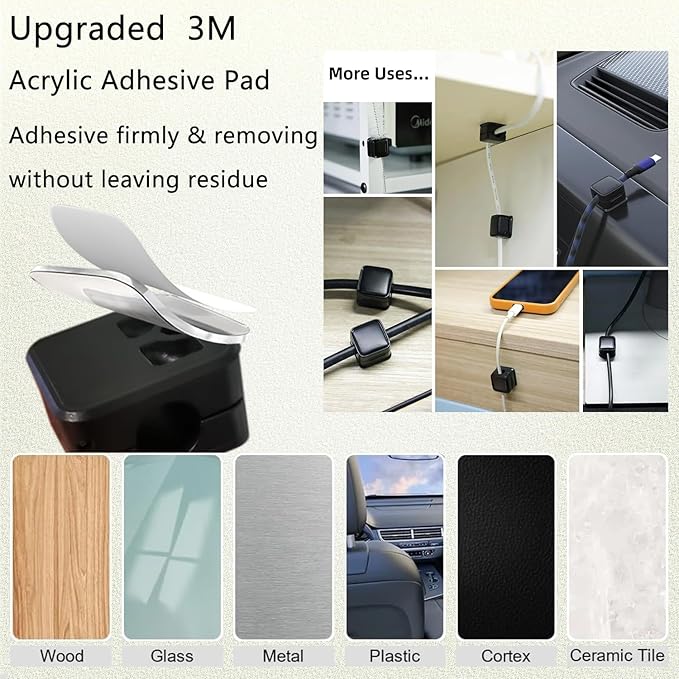 Viemwoi 20 Pack Cord Organizer, Adhesive Charger Cable Clips, Wire Holder Keeper Organizer, Charging USB Cable Management for Home Office Desk Phone Car Wall Desktop Nightstand (Black)