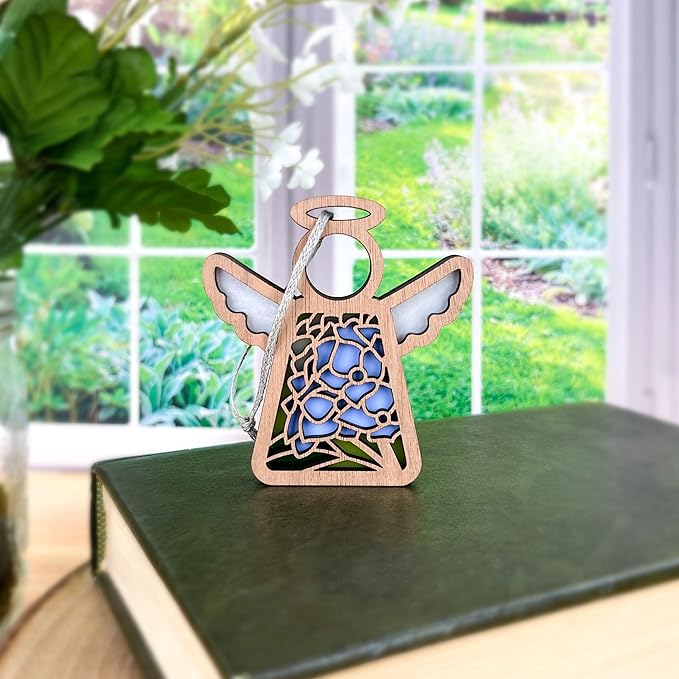 Blue Hydrangea Home Decor - 3.5" (H) Small Wooden Angel Figurines - 3.5" Christmas Ornaments Memorial Mom