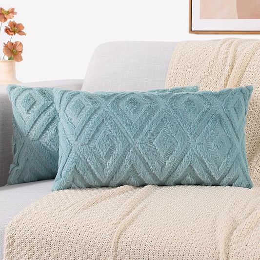 decorUhome Couch Throw Pillow Covers 12x20 Set of 2, Decorative Soft Plush Faux Wool Lumbar Neutral Accent Pillow Covers for Bed Sofa Living Room, Light Teal