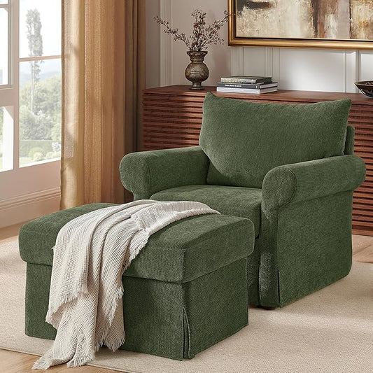 Modern Living Room Chairs with Ottoman, Comfy Chenille Reading Armchair with Rolled Arms and Cushion Backrest, 35.8" W Oversized Chaise Lounge Chair for Bedroom, Study, Apartment, Green