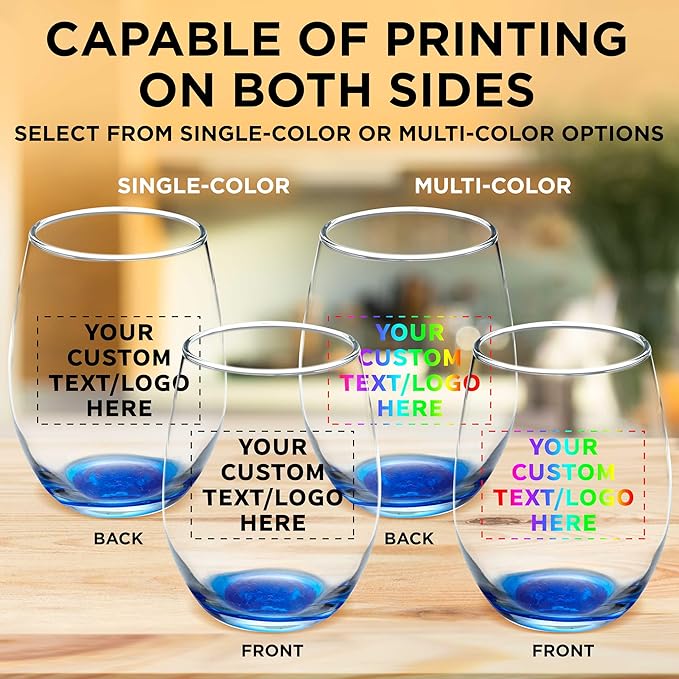 Custom Stemless Wine Glass 9 oz. Set of 10, Personalized Bulk Pack - Great for Wedding Favors, Bachelorette Party Decorations, Party Favors, Color Bottom - Blue
