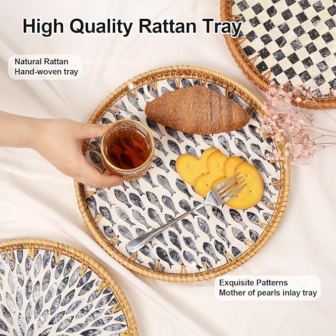 Round Rattan Tray with Mother of Pearl Inlay, Rattan Serving Tray for Coffee, Bread, Fruits, Decorative Wicker Tray for Table Decor, Home Decor, Kitchen Island Decor (Dark Blue Fish, 11.8")