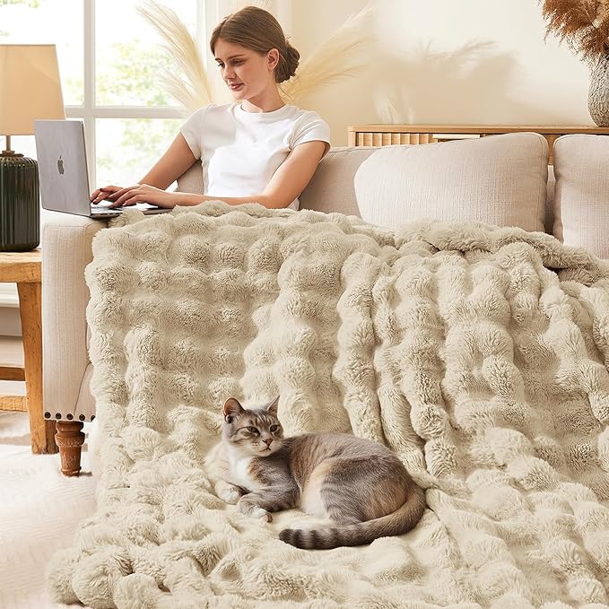 L'AGRATY Faux Rabbit Fur Blanket: 50" x 60" Luxury Soft Fluffy Thick Fur Throw Blanket for Couch Bed Sofa - Cozy Plush Bubble Blankets for Winter: Warm Flannel Fleece Decorative Blanket(Almond White)