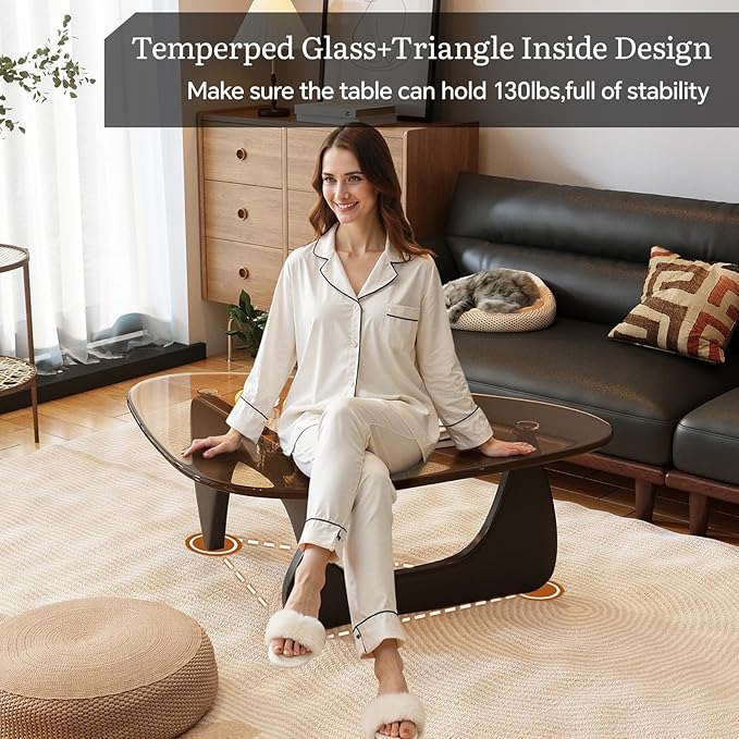 Coffee Table for Living Room Mid Century Modern Center Table with Glass Top and Oak Wood, Transparent/Black