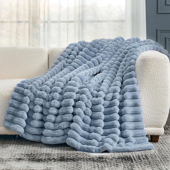 Cozy Bliss Faux Fur Throw Blanket for Couch, Cozy Warm Plush Striped Blanket for Sofa Bedroom Living Room, 50 * 60 Inches Light Blue