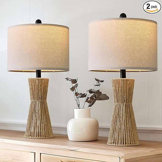 OYEARS 22.5" Table Lamps for Living Room,Boho Lamps Set of 2 for Bedrooms, Bedside Lamp for Nightstands, Rattan Lamp, Farmhouse Table Lamp for Room Decor, End Table, Retro, Brown（Not Include Bulbs）