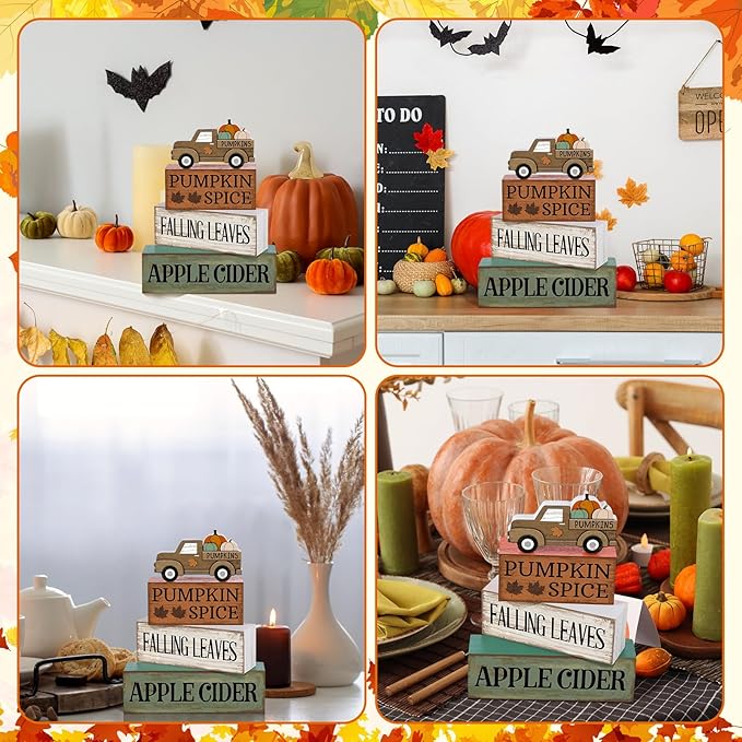 4 Pcs Fall Decorations for Home Fall Table Centerpiece Decor Autumn Tiered Tray Decor Rustic Decorative Truck Block Signs Gift Farmhouse Thanksgiving Table Decoration for Home Kitchen
