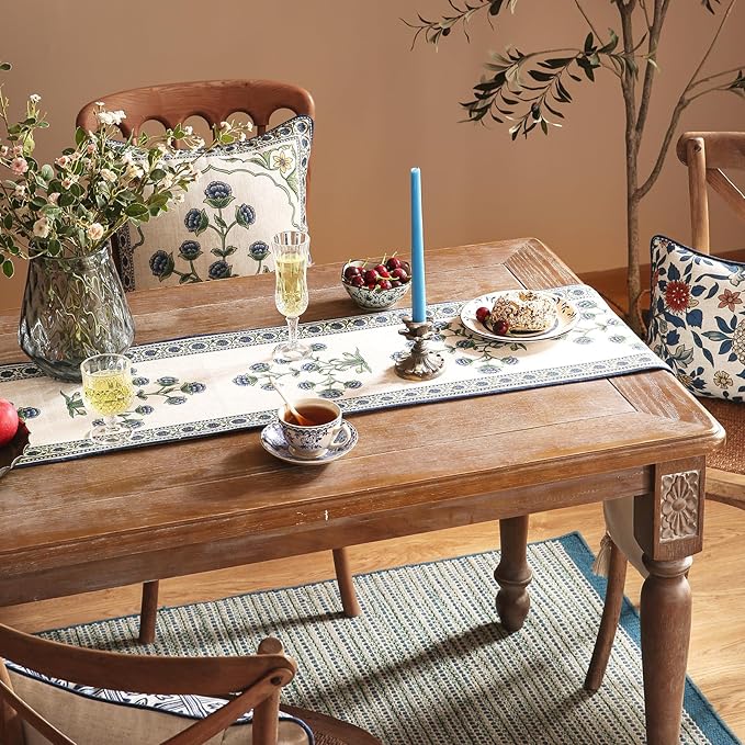 patdrea Designer Blue Rustic Elegant Floral Patterned Linen Table Runner 102 Inch Long,Wrinkle Resistant Table Mat,Decoration for Kitchen Dining and Coffee Tables Banquet Christmas ,12"x102"