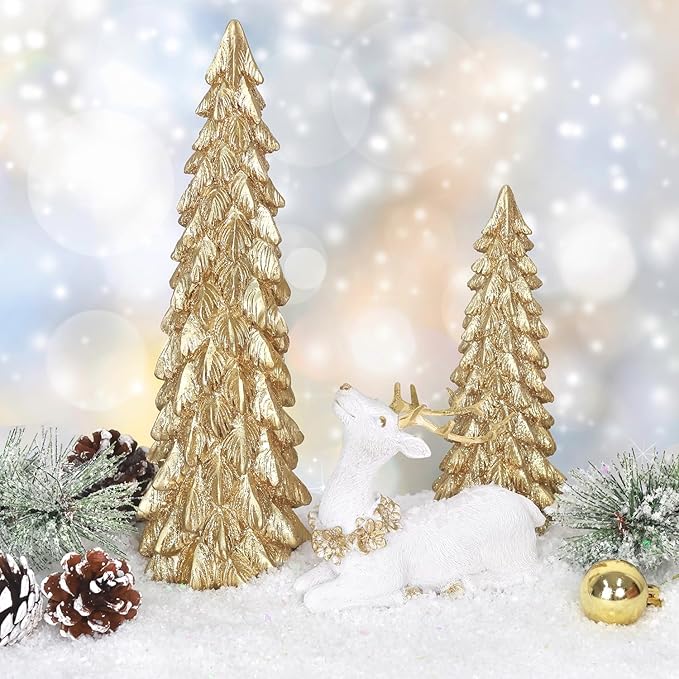 3 Pack Christmas Trees and Reindeer Figurines Decoration- 2 Glittered Christmas Tree Statues and 1 Deer Vintage Christmas Decor Set, Resin Ornaments Tabletop Shelf Office Display Stand Indoor(Gold)