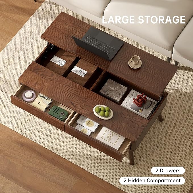 Lift Top Coffee Table, 100% Solid Oak Wood Walnut Coffee Table with Drawers and Hidden Compartments, Rectangular Coffee Tables with Storage for Living Room Home Decor (39.37" L x 21.65" W x 25.59" H)
