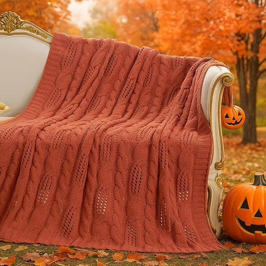 Amélie Home Chunky Knit Throw Blanket, Dual-Sided Soft Chenille Breathable Cable Knitted Blanket for Couch, Farmhouse Decorative Throw for Sofa & Chair, 50"x60", Burnt Orange
