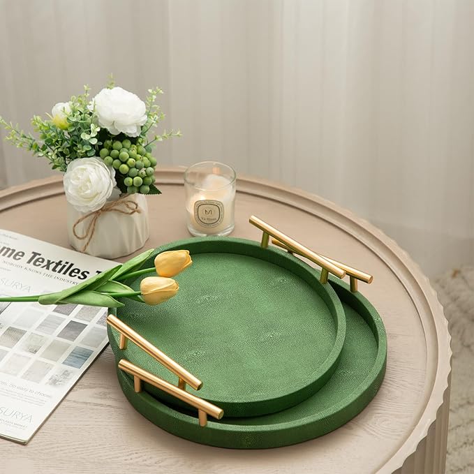 Faux Shagreen Tray, Set of 2 Round Decorative Tray with Gold Polished Metal Handles, Serving Trays Coffee Table Ottoman Trays for Living Room Bathroom Vanity Home Decor (Green)