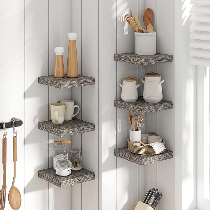 8 Inch Square Floating Shelves for Wall 3 Pack, 8"D Wood Grain Bathroom Shelves with Invisible Brackets, Easy Install Engineered Wood Storage Shelves for Kitchen, Living Room, Bedroom, Grey Oak Finish