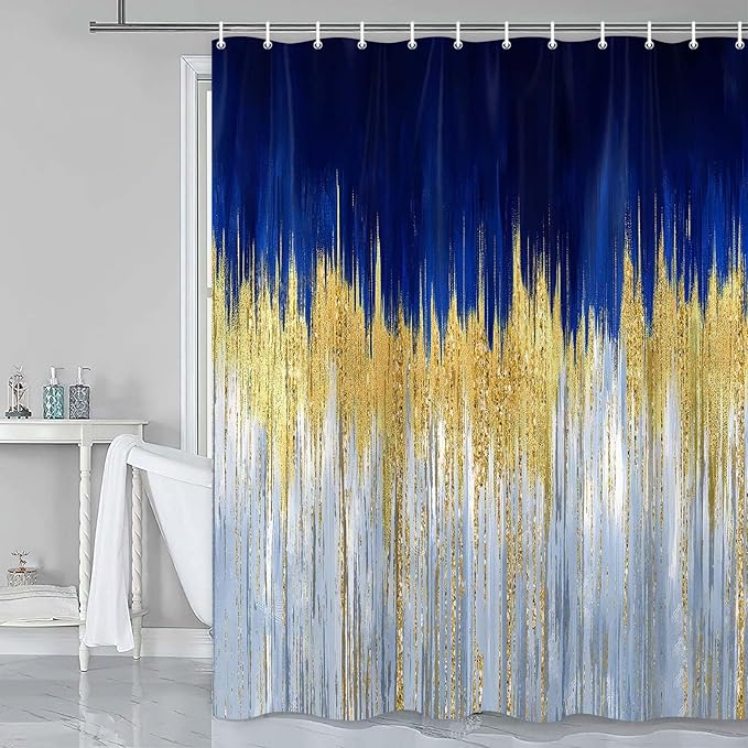 JAWO Abstract Blue Shower Curtain, Gold Blue Boho Ombre Minimalist Chic Art Shower Curtains, Modern Neutral Contemporary Striped Brush Strokes Tan Art Waterproof Bathroom Curtain with 12 Hooks