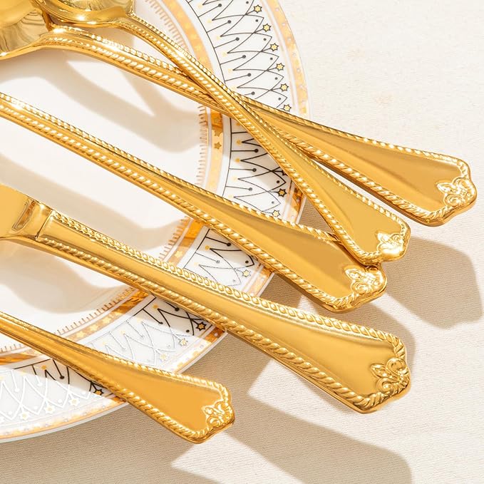 KINGSTONE Gold Silverware Set, 60-piece 18/10 Stainless Steel Flatware Set Cutlery Set for 12, for Kitchen, Home, Wedding, Party, Mirror Polished and Dishwasher Safe, Featured Gifts