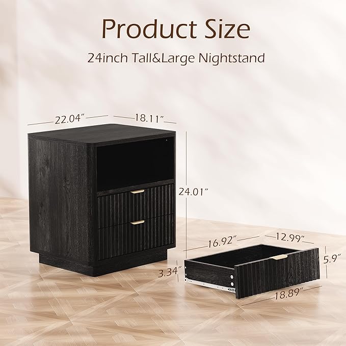 Fluted Nightstands Set of 2 - Black Nightstand with 2 Drawers & Open Shelves, 22" Wide Large Bedside Stand Modern Storage Wooden Side Tables for Bedroom (Elegant Black)
