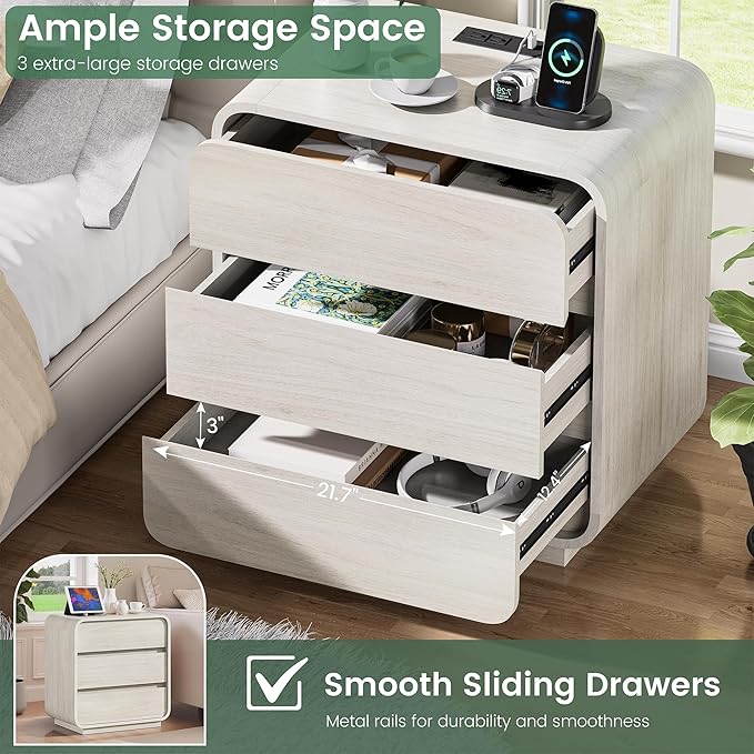 White Nightstand Set of 2 with Charging Station, 23.2" Wide Wood Bedside Table, Modern End Table with 3 Storage Drawers, Curved Profile, Mid Century Night Stand for Bedroom Dorm Office