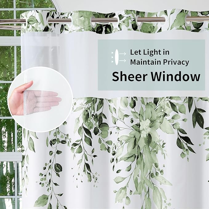QiyI No Hook Shower Curtain with Snap in Fabric Liner, Olive Green Eucalyptus Shower Curtain with See Through Top Window, Waterproof Washable Cloth Ringless Shower Curtain Set for Bathroom, 72 x 75