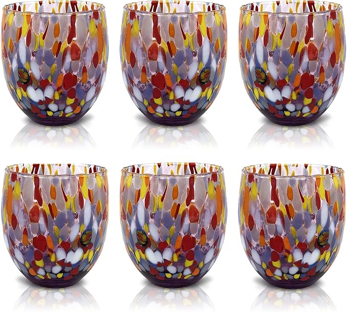 MAZZEGA ART & DESIGN - Set of 6 Handcrafted Blown Glass Water Glasses with Refined and Original Murano Murrine - The Colors of Murano - 'Classic 9,8 oz' Model. Made in Italy (6, Purple)