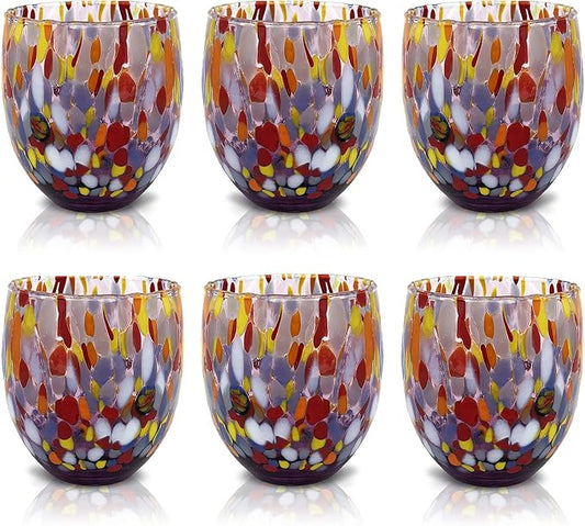 MAZZEGA ART & DESIGN - Set of 6 Handcrafted Blown Glass Water Glasses with Refined and Original Murano Murrine - The Colors of Murano - 'Classic 9,8 oz' Model. Made in Italy (6, Purple)