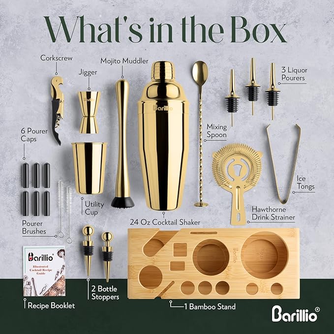 Barillio Gold Bartender Kit - Stainless-Steel Cocktail Shaker Set w/Bamboo Stand - Mixology Bar Tools w/Drink Shaker, Mixer Spoon and Muddler for Cocktails - Home Bar Accessories - 23-Pc Bar Set