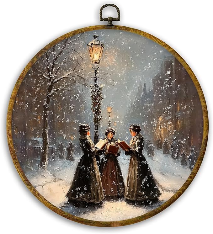 CUANFDDSF Christmas Women Reading Book Round Wall Art, Vintage Christmas Street Scene Framed Hanging Wall Decor, Xmas Bookish Canvas Prints Decorations for Library Reading Room Bedroom, 10x10 Inch