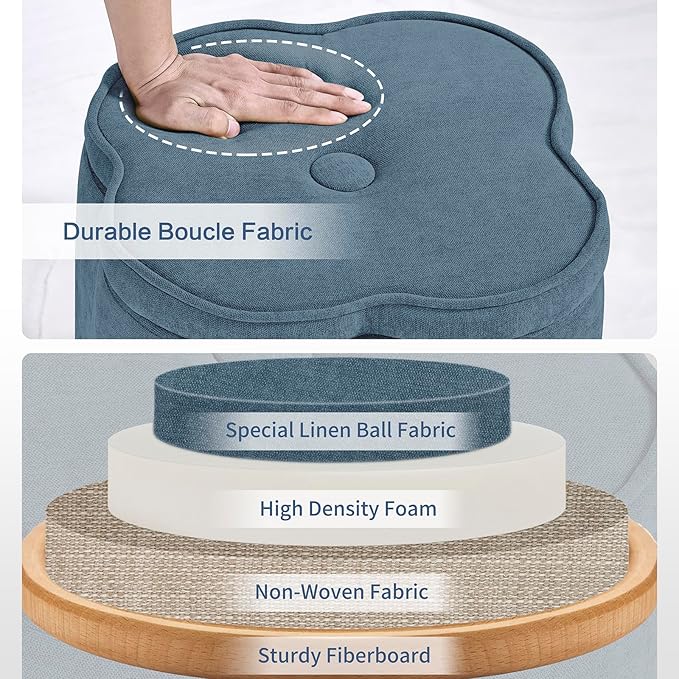 Crestview Collection Flower Pouf Ottoman with Storage,Chenille Fabric Foot Rest for Couch, Small Mordern Footstool for Vanity, Bedroom, Living Room,Under Desk, Navy Blue,18 inches
