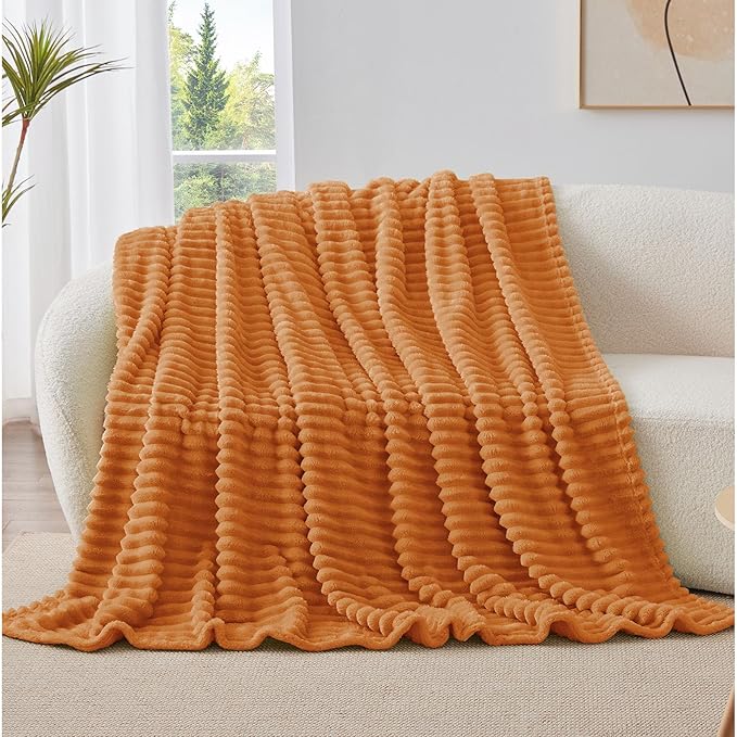 BEDELITE Fall Throw Blanket for Couch - 300GSM Soft & Warm Fluffy Fleece Blanket, Decorative and Giftable Burnt Orange Striped Blankets for Women, Men, 50"x60"