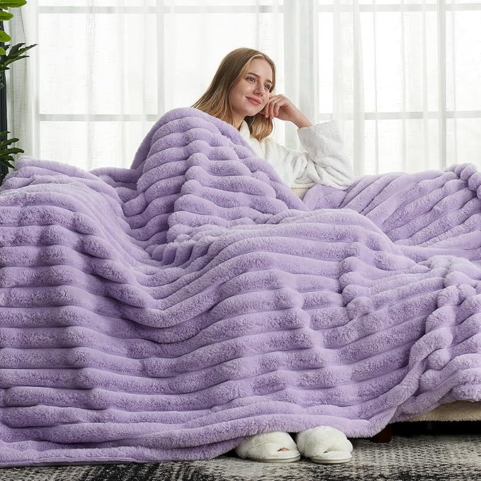 Cozy Bliss Faux Fur Throw Blanket for Couch, Cozy Warm Plush Striped Blanket for Sofa Bedroom Living Room, 108 * 90 Inches Lavender