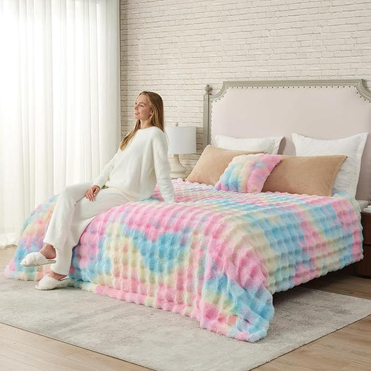 Cozy Bliss Faux Fur Throw Blanket for Couch, Bubble Plush Blanket King Size, Fuzzy Soft & Thick Blanket for Bed Sofa Living Room, 108x90 Inches Tie-dye Rainbow