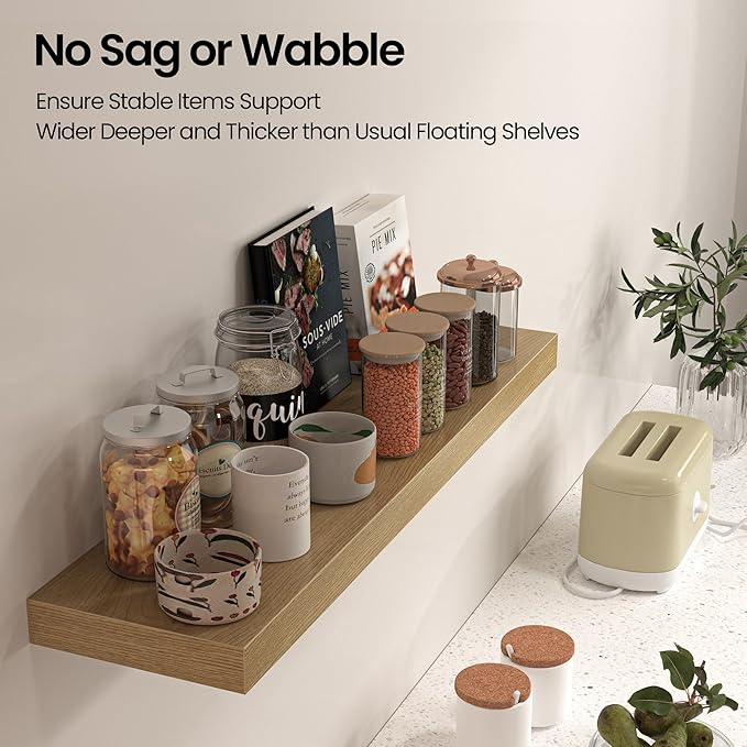 Floating Shelves for Wall, 36" W x 8" D x 1.5" H, Wooden Wall Mounted Display Shelves with Invisible Brackets for Living Room, Bedroom, Bathroom, Kitchen Decor and Storage, Set of 2, Oak