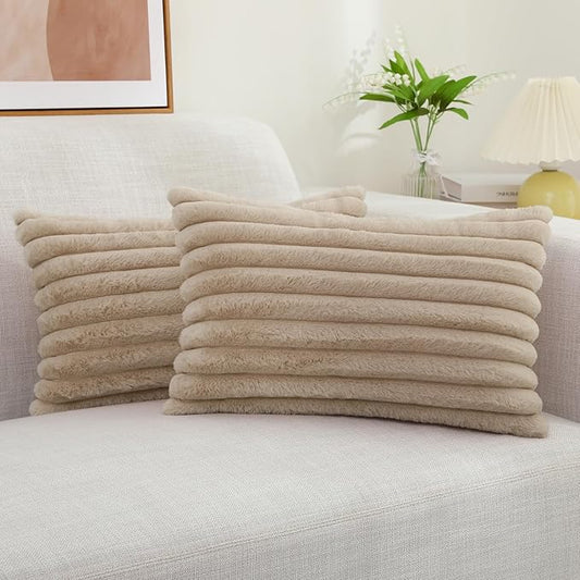 decorUhome Fall Faux Fur Throw Pillow Covers 12x20 Set of 2, Decorative Soft Plush Striped Neutral Couch Euro Pillow Covers with Velvet Back for Sofa, Bed, Living Room Home Decor, Light Khaki Brown