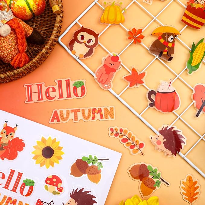 MARFOREVER 50 PCS Fall Gel Window Clings, Autumn Harvest Pumpkins Maple Leaf Pine Cones Thick Window Gel Clings Decals for Kids Fall Thanksgiving Classroom Nursery Home Party Supplies Decorations