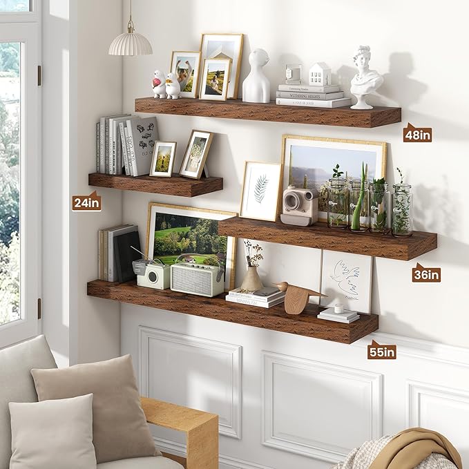 Heimlove 55 Inch Floating Shelves for Wall,10 Deep Large Rustic Brown Wall Shelf with Heavy Duty Brackets,Mounted Storage & Display Shelves for Bedroom,Living Room,Kitchen,Office,Set of 2