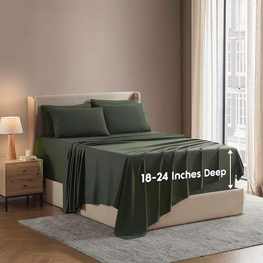 Nestl Extra Deep Queen Sheet Set - 6 Piece Breathable & Cooling Sheets - Hotel Luxury Bedding Set w/18-24 Inch Deep Pockets - Easy & Secure Fit - Super Soft, Wrinkle Free & Comfy - Olive Green