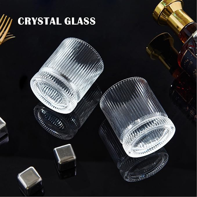 Ribbed Whiskey Glasses Set of 4, 12 Oz Lead-Free Crystal Heavy Base Barware Glass, Perfect for Bourbon Rocks Cocktail Scotch Drinking