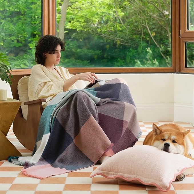 Double Stitch Alpaca Wool Throw Blanket - Warm, Soft Blanket for Couch, Luxury & Decorative Fleece Throw, Fall Plaid, Gift for Mother's Day, House Warming, 50" x 60", Sunset Glow