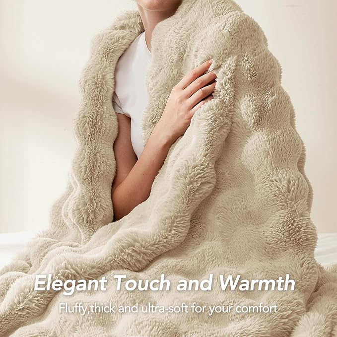 L'AGRATY Faux Rabbit Fur Blanket: 60" x 80" Twin Luxury Soft Fluffy Thick Fur Throw Blanket for Couch Bed Sofa - Cozy Plush Bubble Blankets for Winter: Flannel Fleece Decorative Blanket(Almond White)