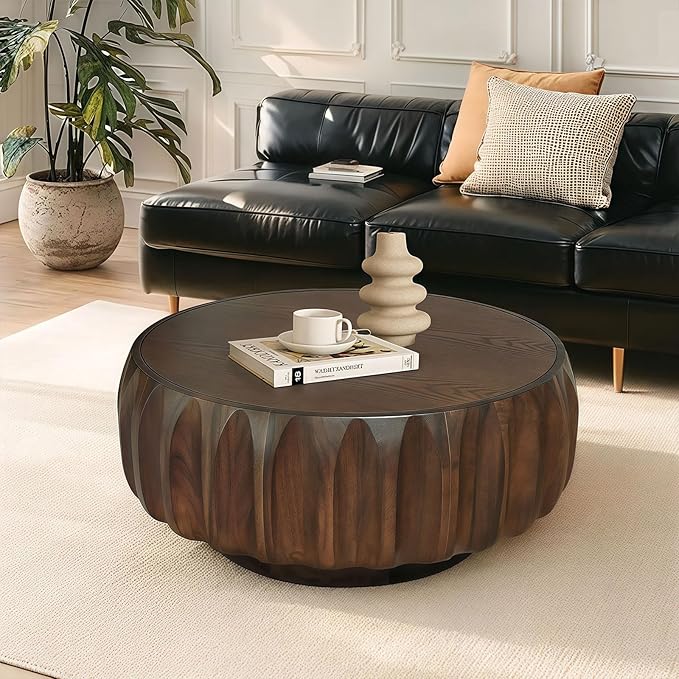 31.5" Round Walnut Coffee Table - Mid Century Modern Solid Wood Coffee Tables with Fluted Design for Living Room, Small Space, Apartment (Walnut)