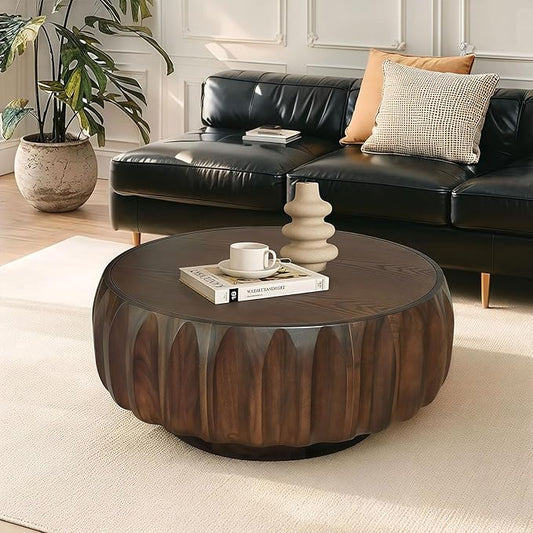 31.5" Round Walnut Coffee Table - Mid Century Modern Solid Wood Coffee Tables with Fluted Design for Living Room, Small Space, Apartment (Walnut)