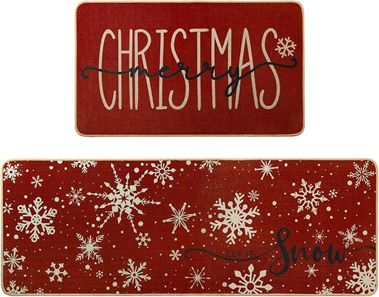 Snowflake Christmas Kitchen Mats Set of 2, Red Merry Christmas Let It Snow Winter Holiday Home Decor Kitchen Rugs for Floor 17x29 and 17x47 Inch