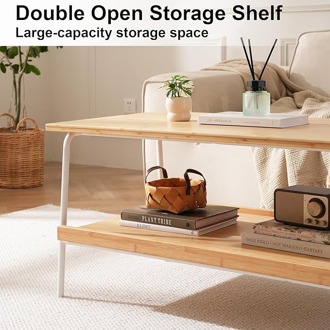 Bamboo 2 Layer Coffee Table - Tier Storage Mid Century Modern Farmhouse Center Table for Living Room, Bedroom, Office, Patio(Natural)