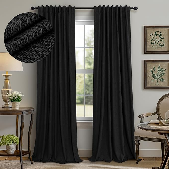 Pitalk Black Blackout Curtains 96 Inches Long for Living Room Bedroom Faux Linen Window Treatments Sun Light Blocking Curtains for Ceiling to Floor Sliding Door Halloween Decor 96 Inch Length 2 Panels