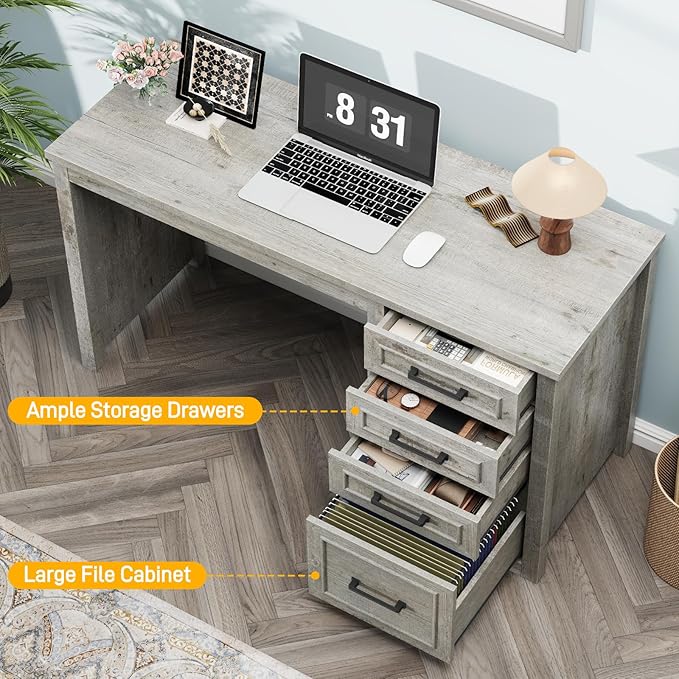 Vabches Farmhouse 49” Executive Desk with File Drawer, 4 Drawers Reversible Computer Desk with Storage, Rustic Home Writing Workstation for Home Office.Grey