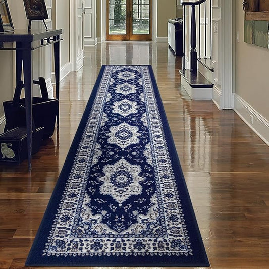 Antep Rugs Alfombras Oriental Traditional 2x10 Non-Skid (Non-Slip) Low Profile Pile Rubber Backing Indoor Runner Rugs (Navy Blue, 2' x 10')