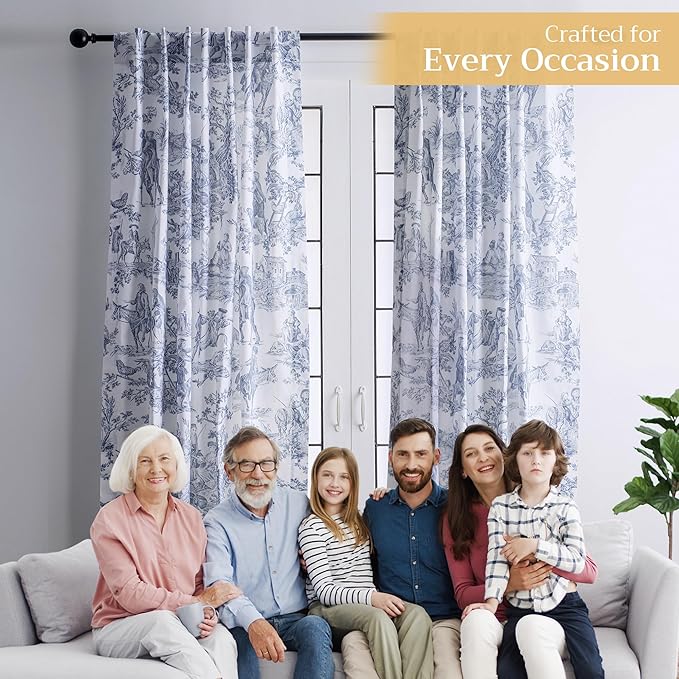 Maison d' Hermine Curtains for living room 100% Cotton 124 inch length One Panel Light Filtering Toile Curtains for Bedroom with rod and loop Pockets (The Miller Blue (White Background), 50"W x 124"L)