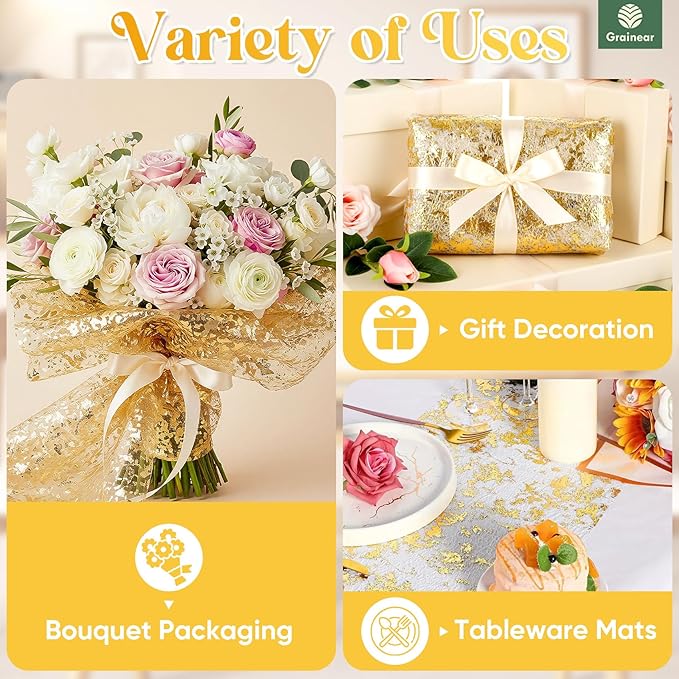 Gold Table Runner 11" x 49 ft (1 Roll) – Sparkly Table Decorations, Sequin Glitter Foil Mesh Roll for Weddings, Christmas, Birthdays, Valentine’s Day, Holidays & DIY Projects