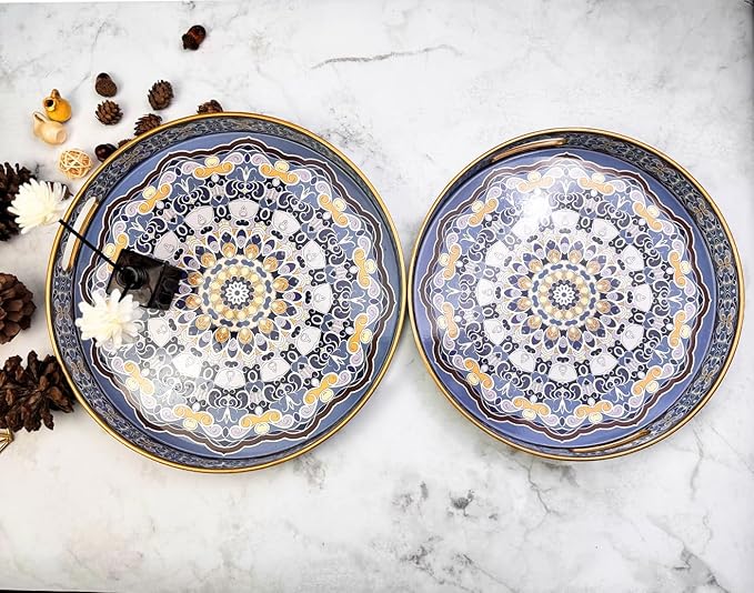 Round Decorative Trays Set of 2, Modern Plastic Serving Tray with Handles for Living Room, Coffee Table, Kitchen, Ottoman, Boho Blue, Large 13", Small 11.8"